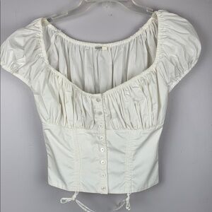 Cream Puff Sleeve Blouse with Ruched Tie Front housecb small with buttons